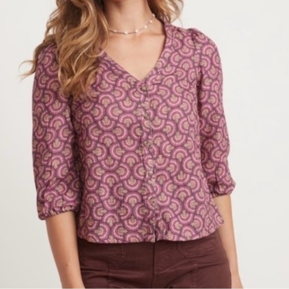 Marine Layer Printed Colette Doublecloth Top Fan Block Print SZ XS NWOT READ - Picture 1 of 9